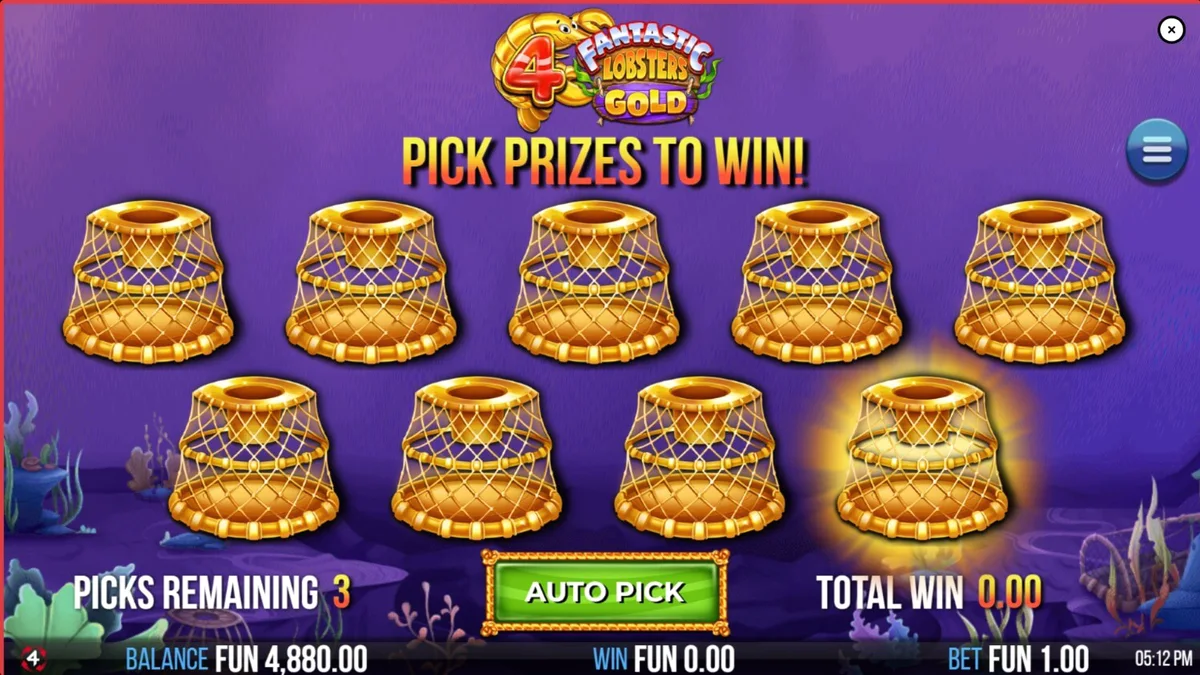 Interface do jogo 4 Fantastic Lobsters Gold com caranguejos e tesouros