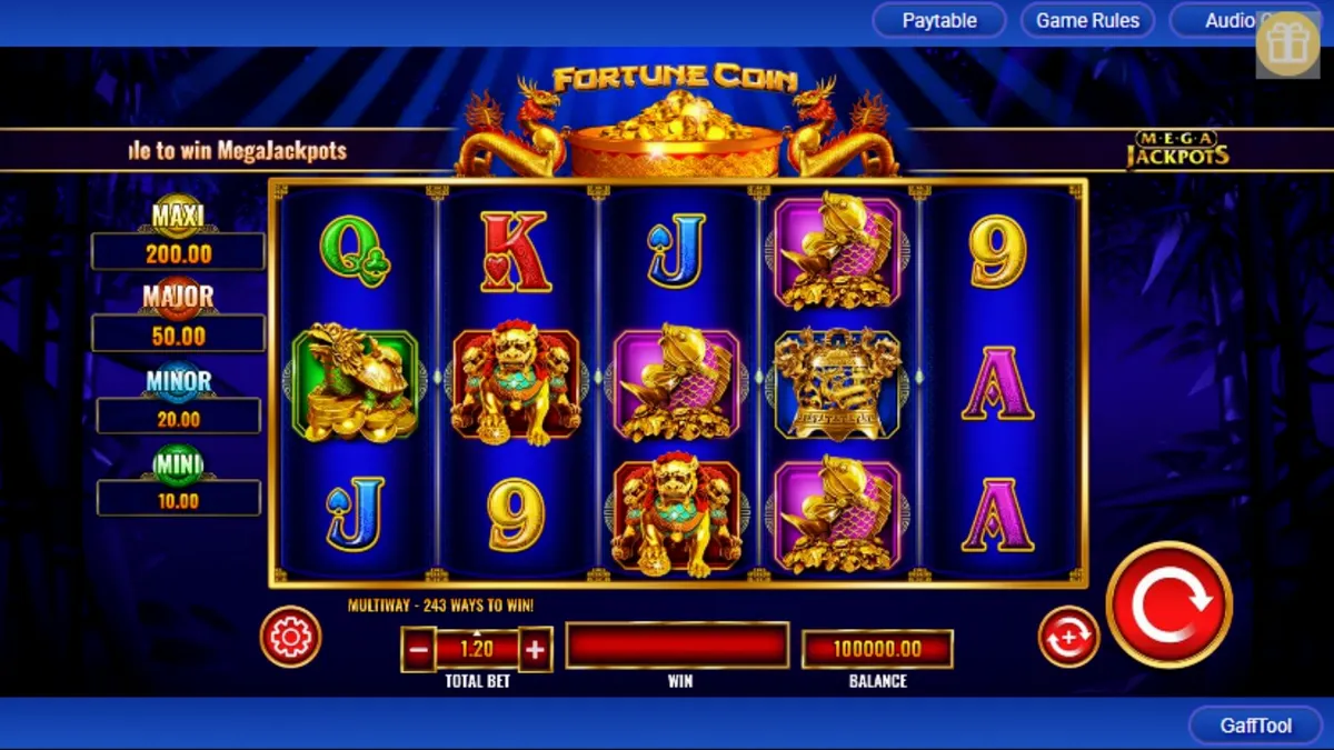 Interface do jogo Fortune Coin Mega Jackpot com elementos visuais de luxo asiático